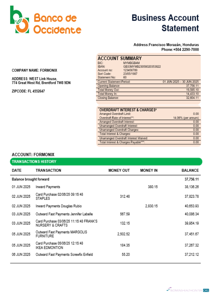 Download Banco de Occidente firm account statement Word and PDF template Photoshop template